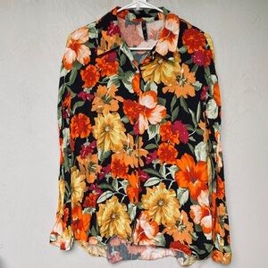 ZARA Black Orange & Red Flower Button Down Blouse